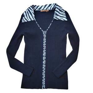 Belldini 1X Cardigan Black Zebra Print Rhinestone Zip Ribbed Knit Top Y2K 90s
